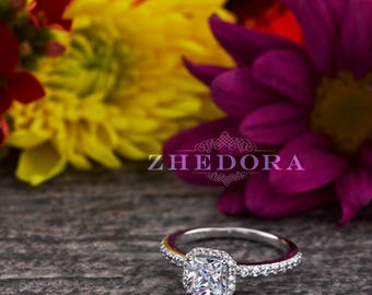 Cushion Cut Engagement Ring 1.15CT in Solid 14k/18k White Gold, Moissanite Cushion Cut Engagement Ring , Simulated Diamond Cushion Cut Ring