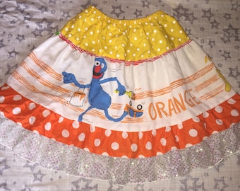Sesame Street Skirt made from Repurposed Vintage Bedsheet and New Fabric - Girls' size 5/6