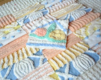 Vintage Chenille Bedspread Squares-Blue,Peach,Yellow-25-6"