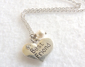 READY to Ship, Best Friend Necklace, Heart Necklace with White Swarovski Pearl, Valentine's day, Gift for BFF, BFF Jewelry, Thank you gift