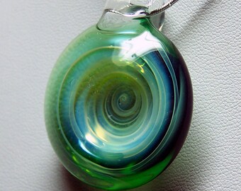 Green silver spiral vortex whirlpool glass lampwork pendant handmade in the flame