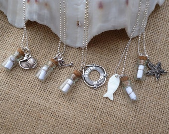 Miniature Message in a Bottle Necklace. Personalised with your own message.Silver Plated Chain. Charms