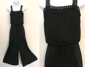 Vintage 70's Jumpsuit Black Wide Leg Romper Women's Size XS Small / 1970s Sleeveless Blouson Lace High Waisted Palazzo Pants