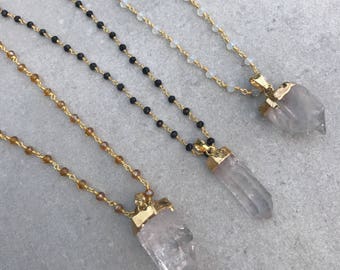 Raw crystal quartz necklace, Long layer necklace, Gemstone necklace, Boho necklace, Quartz stone necklace