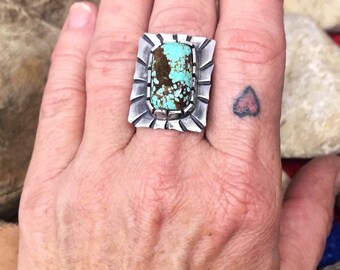 Turquoiuse and Sterling Silver Ring - Number 8 Turquoise - Chatfields Jewelry - Big Turquoise Ring Size 8 - Artisan jewelry