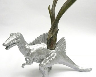 Silver Spinosaurus Dinosaur Planter with Air Plant // Coworker Gift // For Her // For Him