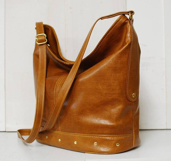 Bucket Hobo Bag in waxed whiskey colored leather