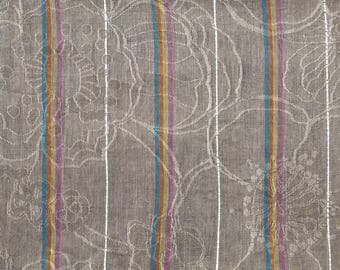 Grey floral and striped polyester cotton voile fabric