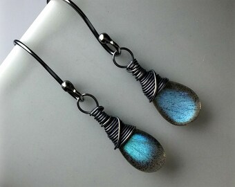 Labradorite Earrings Silver Oxidized Silver Wire Wrapped Celestial Jewelry Green Blue Gemstone Earrings Small Dangle Earrings Gift For Women