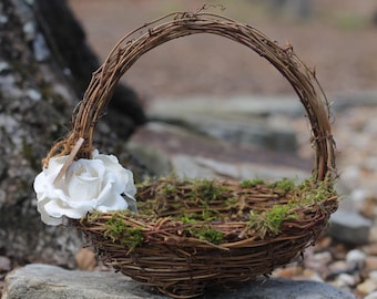 Flower Girl Basket Rustic Nest Personalized, Paper Roses Rustic Woodland Wedding
