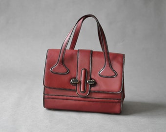 Vintage leather hand bag, oxblood purse, burgundy leather bag, marsala red purse, 70s leather purse, red leather bag, Ref: 648