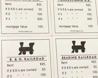 4 Railroad Property Deeds from Standard Edition of Monopoly Game