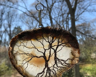 Cloudy Hillside Tree-of-Life Agate Slice Sun Catcher, One of a Kind SunCatcher, Sun Catcher, Gemstone, Wire Wrapped Tree, Window Decor, Home