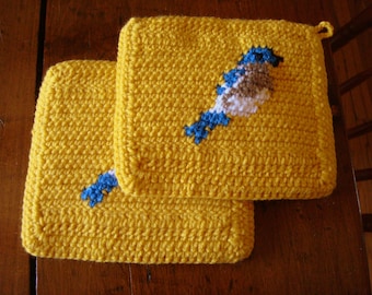 Bluebird Potholders, Yellow Potholders, Bird Crochet Potholders, Pot Holders, Hot Pads, Set of Two, Kitchen, Mothers Day Gift MADE TO ORDER