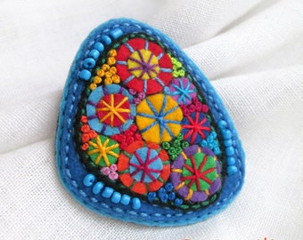 Colorful felt brooch Modern geometric jewelry Textile fabric hand embroidered unique jewelry Christmas gift ideas for her Stylish jewelry.