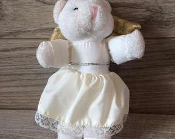 White Christmas Tree Ornament / Angel Bear / Vintage Plush Bear in White and Gold 6 inch / Vintage Christmas tree Decoration / Gift