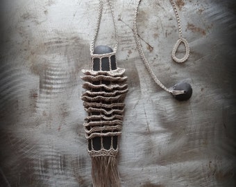 On Sale, Artist Necklace, Crocheted Lace, Ruffled, Handmade, Black, Fringe, Original, Nature, Unique, Bohemian, Monicaj