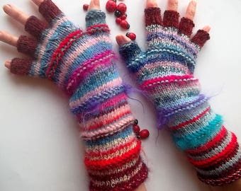Women Size L 20% OFF Long Half Fingers Mittens Cabled Multicolor Gloves Hand Knitted Gift Warm Ready To Ship Striped Wrist Warmers Winter 70