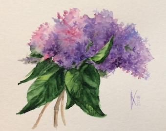 Lilacs Original Watercolor Flowers Painting, Bouquet of Lilacs, Lilac Painting, Gift for Her, Floral Art, Wall Decor, Room Decor, A5, Small