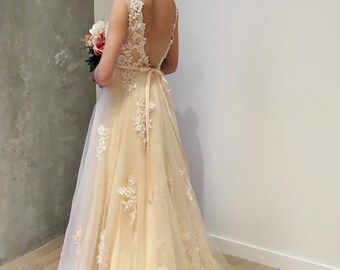 Light Creamy Champagne Deep V Lace Wedding Dress