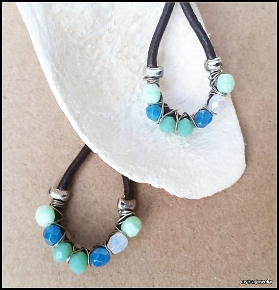 Leather drop earrings, Chandelier Wire Earrings, Large Dangle Earrings, Big Womens Earrings, Blue Wire Earrings, Womens Mint Earrings