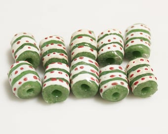 Green White and Red African Krobo Beads, Jewelry Supplies, Ethnic Beads (*AM43*)