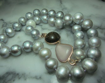 Collier Rosequartz Smoky Quartz Biwa Southsea pearls Tahiti Cabochon Gold Necklace Silver