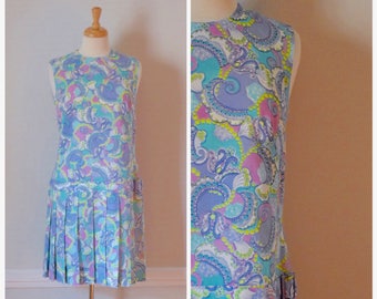 60s Dress / 60s Mod Dress / Vintage 60s Dress / Paisley Dress / Drop Waist Dress / Sleeveless Dress / Day Dress / Blue / Pastel / Size Small