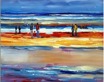Beach Holiday - Signed Hand Painted Abstract Figurative Seascape Oil Painting On Canvas