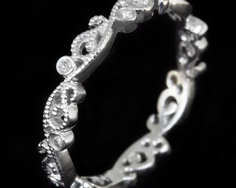 Platinum Art Deco Style Diamond Wedding Band Vintage Floral Filigree Retro Ladies Ring Natural Dainty Stacking 3779-PT