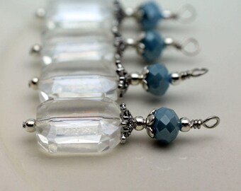 Clear Rectangle Faceted Crystal and Slate Blue Crystal Bead Dangle Charm Pendant Drop Set