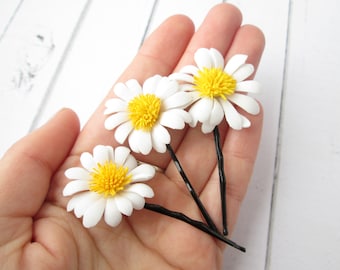 Set White Daisies Hair Pin Accessories - Daisy Flower Hair Clips - Camomile hair decoration - Floral Bobby Pin - Girls Hair Accessories