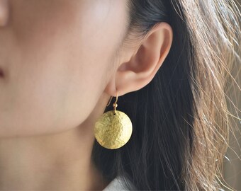 Hammered Gold Disc Earrings, 14KT Gold Fill, Large Gold Circle Earrings