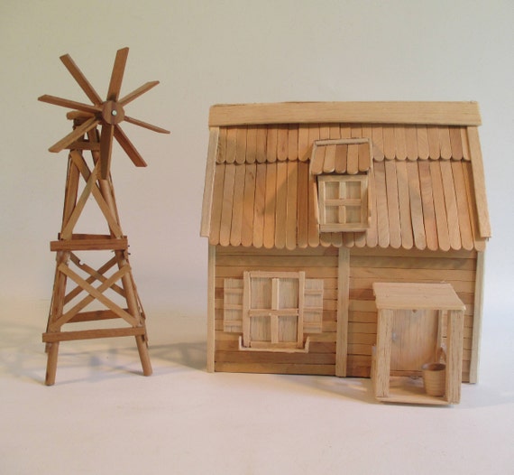 Popsicle Stick House and Windmill Vintage Handmade Prairie