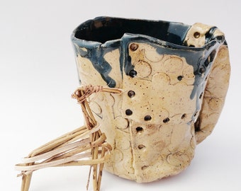 Lego Mug, Dotted Primitive Cup, Brown Tan Teal, 15 oz, Rustic Pottery, Brutalist Pottery, Tea Mug, Coffee Mug, Crooked, Weird, Asymmetrical