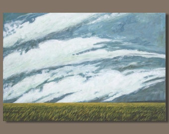 large abstract painting, large landscape painting, large cloud painting, prairie painting, field painting, wheat, painterly, Alberta, 24x36