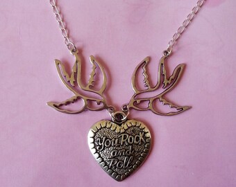 ♥ Silver swallow necklace and heart You Rock and Roll ♥