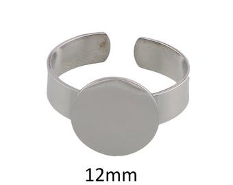 2 Pieces Stainless Steel Adjustable Ring Base Blanks with 12mm Pad Cabochon Setting