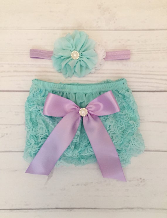 Baby Girl lace bloomer set Newborn lace bloomer set aqua and