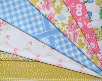 6 Vintage Sheet Fat Quarter Bundle - Reclaimed FQs in Pink Blue & Yellow