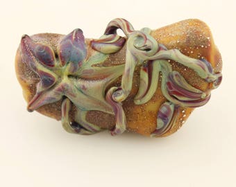 Lampwork Glass Bead Long Rustic Focal Brown, Blue, Purple, Green, Etched Matte