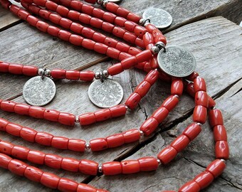 Ukrainian traditional Jewelry - Ukrainian multi strand necklace - Ukrainian ethnic necklace - Ukrainian necklace with coins - Ukrainan