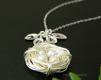 FOUR Initial Necklace, Bird Nest Necklace, Personalized Mother's Necklace, Mothers Jewelry, Monogram Necklace, Initial Jewelry, Gift for Mom