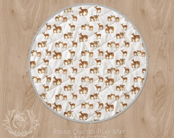 Baby Play Mat. Fawn Linen Cotton Wholecloth Quilt Circle Rug Deer Fawn Nursery Mum and Baby Print. Ships in 4-6 wks