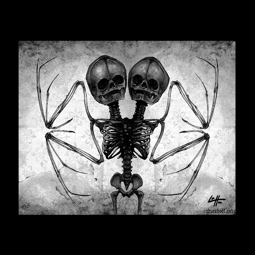 Print X Two Headed Skeleton Bat Wings Skull Dark Print X Two Headed Skeleton Bat Wings Skull Dark