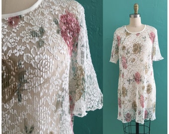 vintage 80's lace floral mini dress // floral print sheer dress