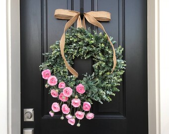 Eucalyptus Wreath, Pink Ranunculus Wreaths, Decorative Wreaths, Spring Wreaths, Wreath for Spring, Summer Wreaths, Year Round Wreaths