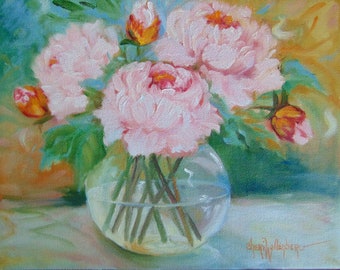 8x10 Still Life Oil Painting Pink Peonies In Clear Round Bowl Original Canvas Oil Painting by Cheri Wollenberg