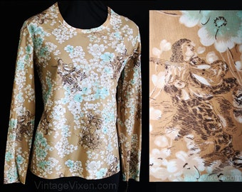 Size 10 Novelty Courtship Print Top - 1970s Taupe Jersey Shirt & Kerchief - Classic Simple Casual Blouse - Deadstock - Bust 36 - 30799-2
