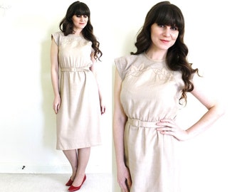 Vintage Tan Dress / 1980s Khaki Illusion Safari Dress